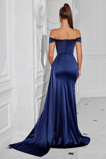 Off the Shoulder Satin Ruched Navy Formal Dress